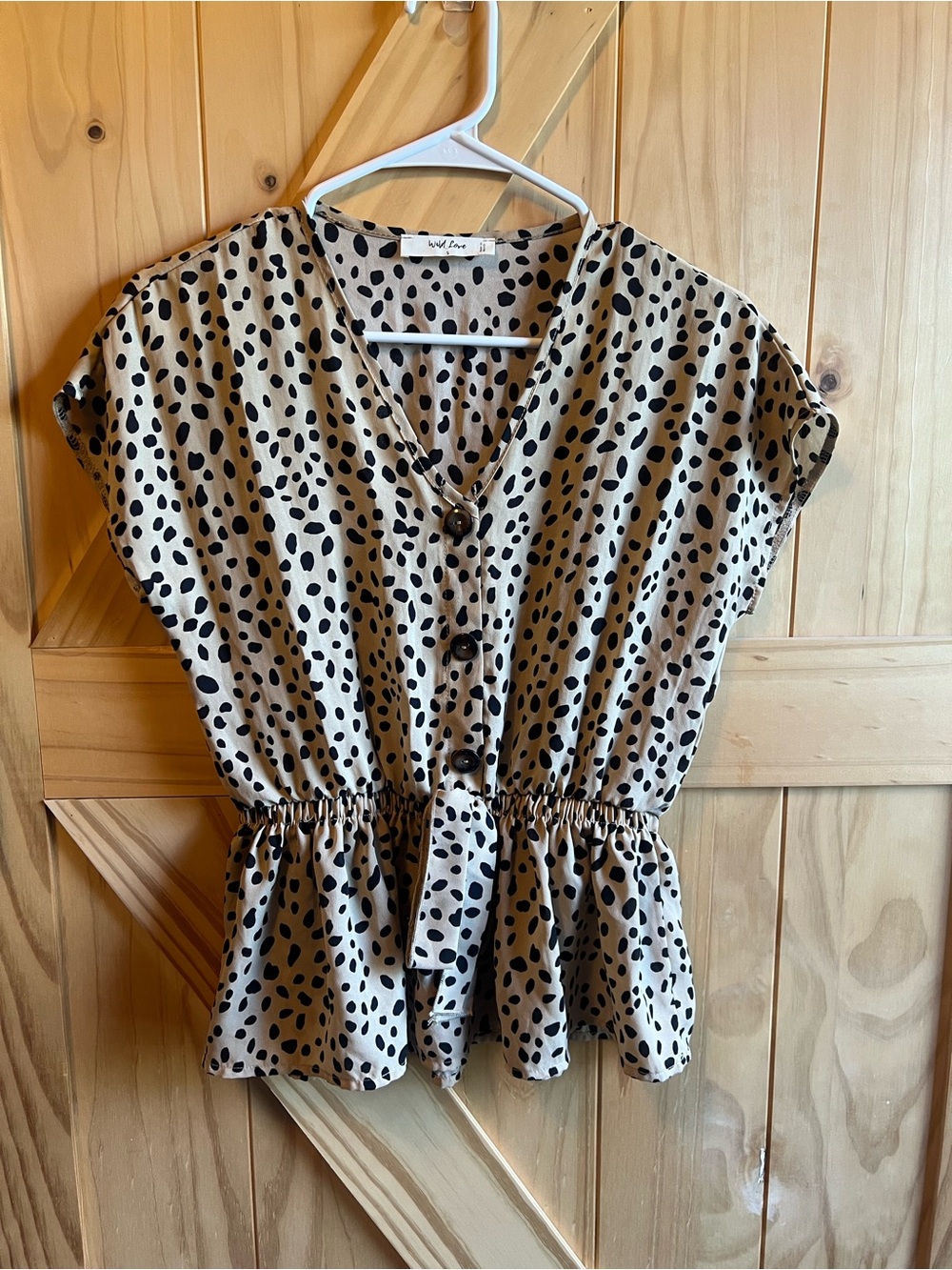 Beige Animal Print Spot Button-Front Peplum Blouse Cute Tie Feature Career Light